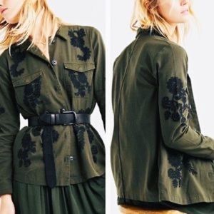 Lucky Brand black floral embroidered khaki army jacket shirt